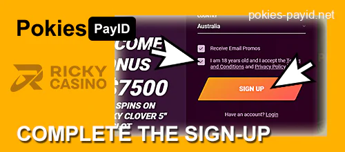 Complete the registrations at Ricky Casino AU